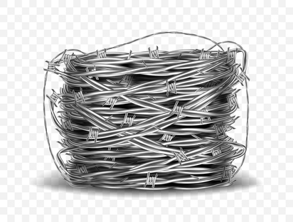 Coil of metal steel barbed wire with thorns or spikes realistic vector illustration isolated on transparent background with shadow. Rolled wire spool, industrial facility
